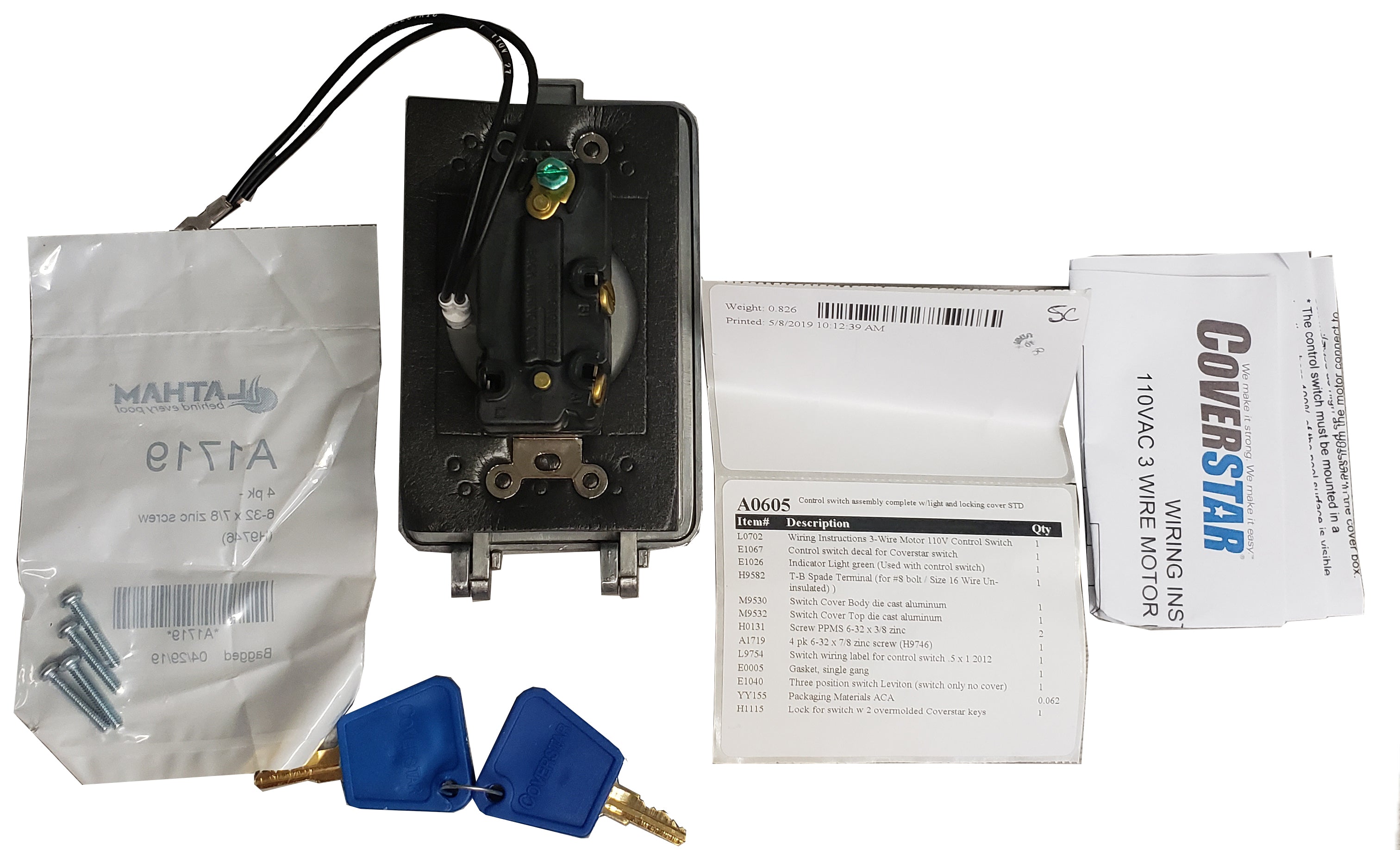 3 Wire Lever Control Switch Assembly w/Light & Locking Cover (Leviton) STD