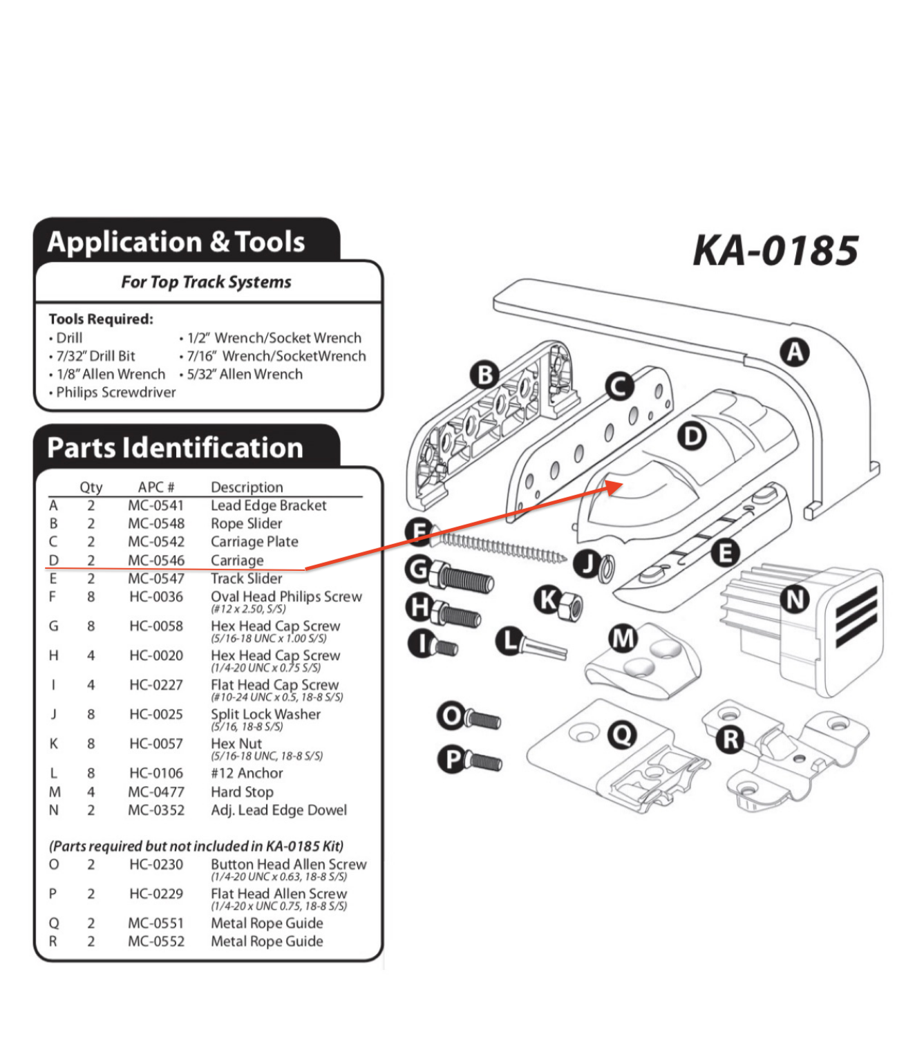 APC Top Track Carriage (only) (no sliders, no brackets) (fits KA0185 glider assembly)