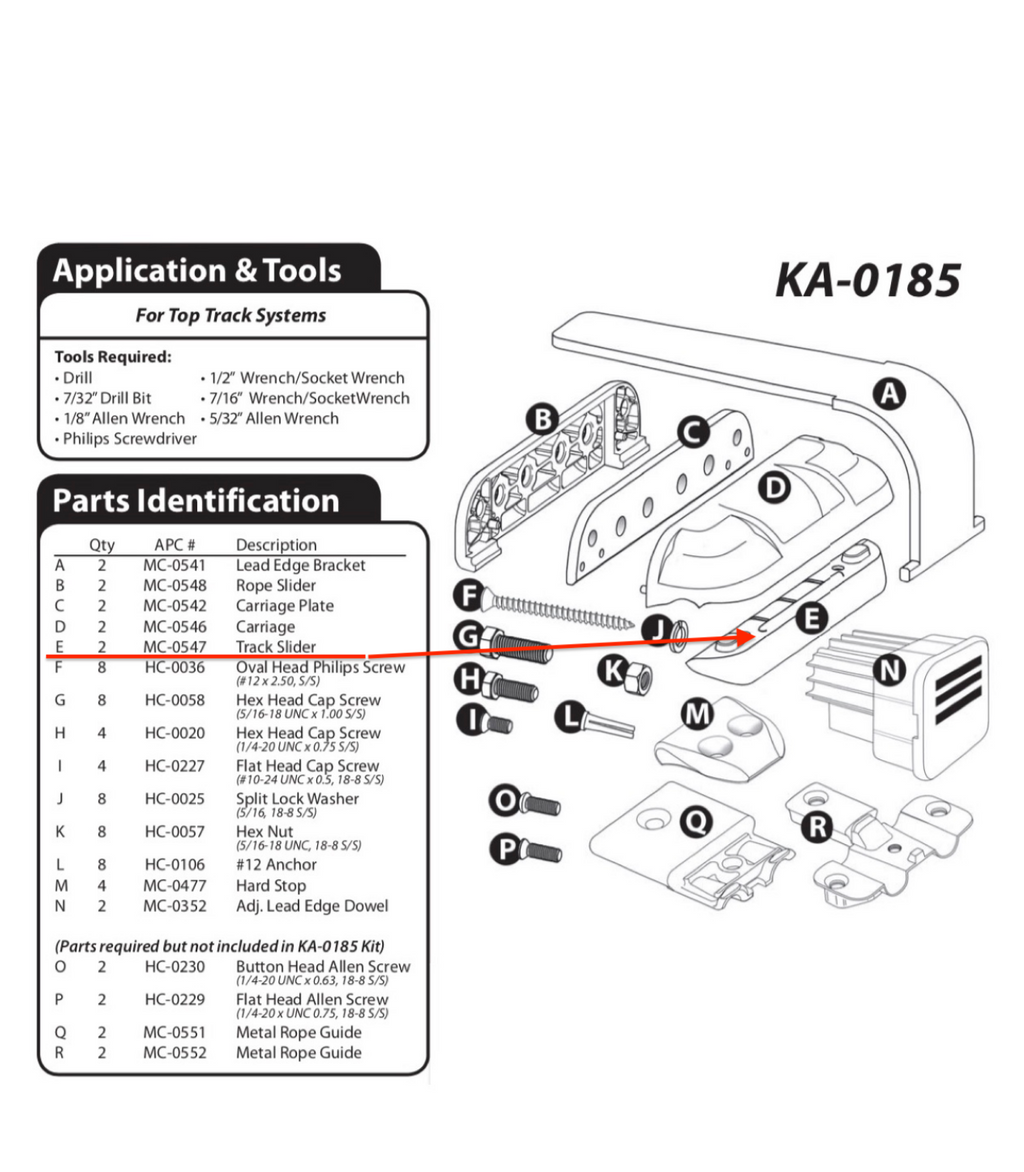 APC Top Track Carriage slider (fits KA0185 glider assembly)