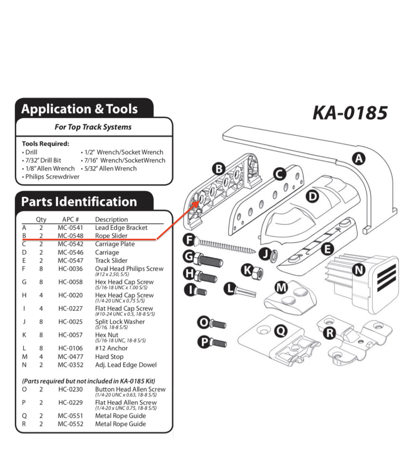 APC Top Track Rope Slider (fits KA0185 glider assembly)