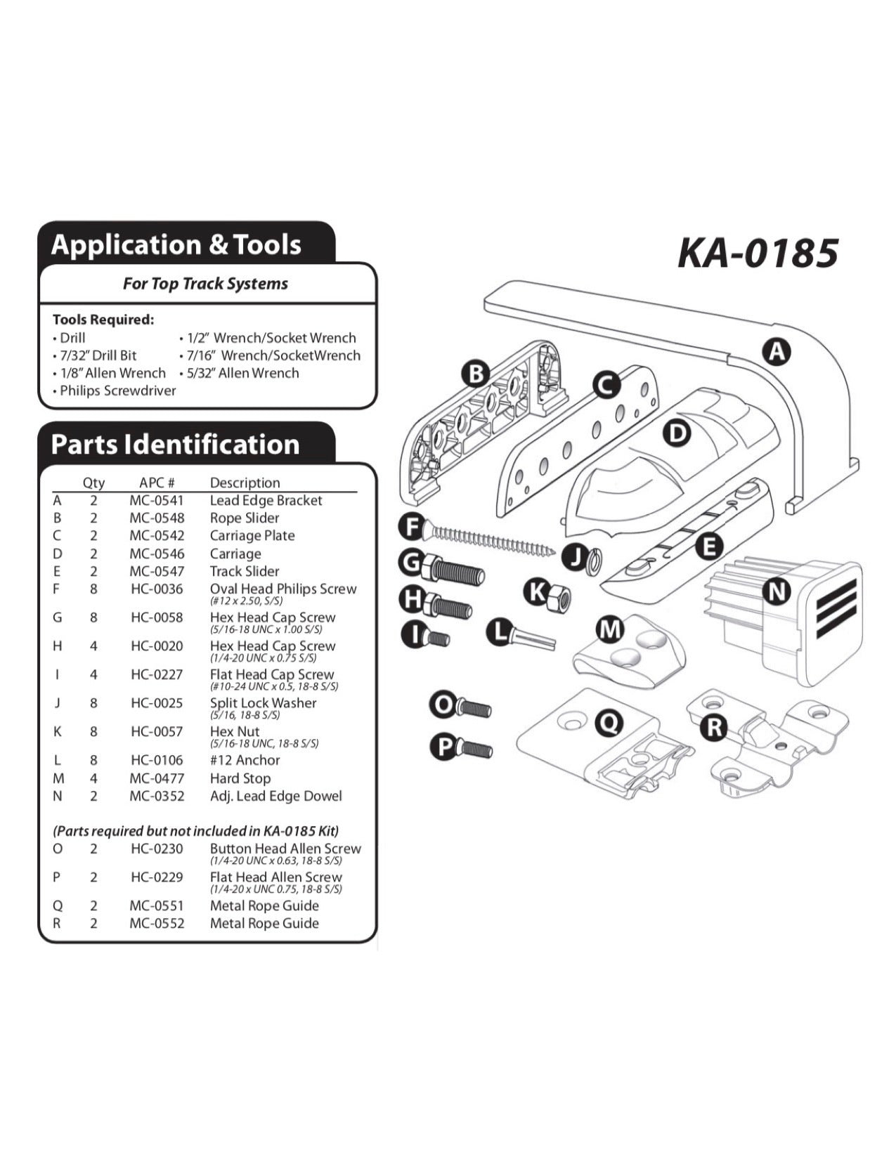 APC Top Track Carriage Kit w/Hardstops, Dowels & Hardware